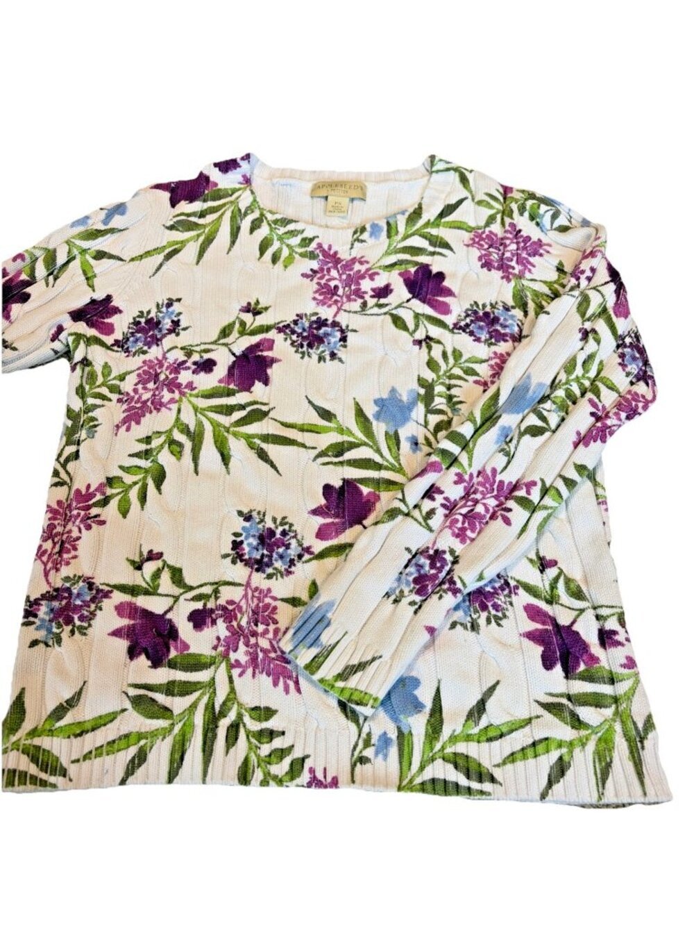 Appleseed’s Cotton Cable Stitch Sweater Women’s PS Floral 100% Cotton Pullover